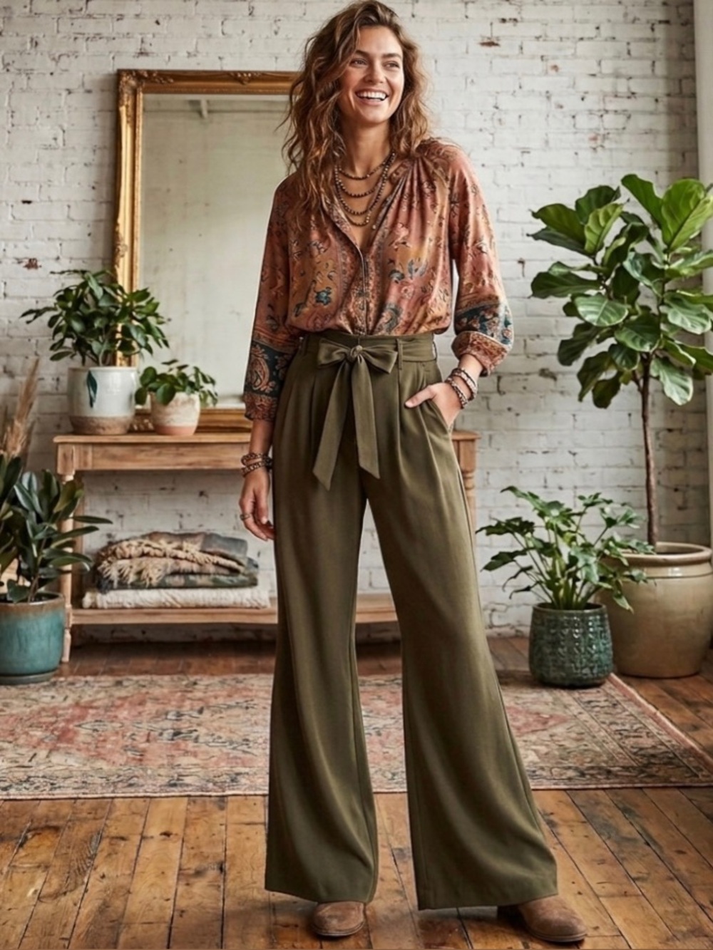 Forever 21 Olive High-Waist Tie-Waist Wide-Leg Flare Pants S
